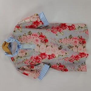 Floral Shirt Sleeve Blouse Size Large Mix Material Stripe Collar And Sleeve